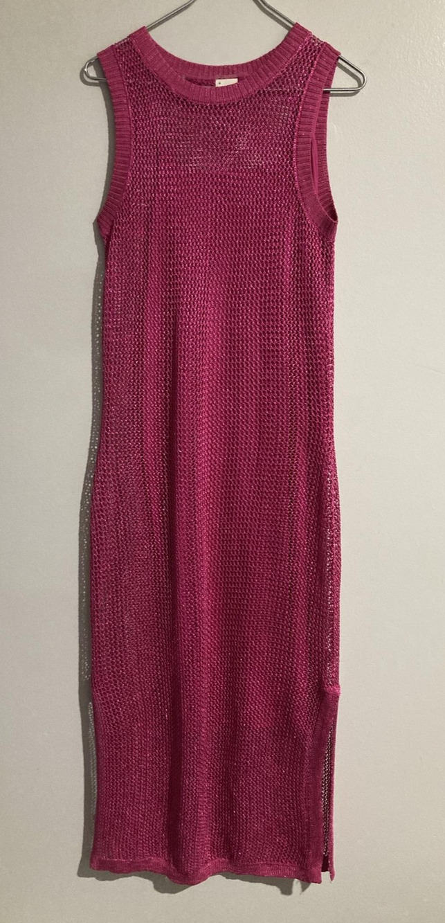 A New Day Dress Womens M Pink Knit Tank Sweater Dress Lined Crochet Long
